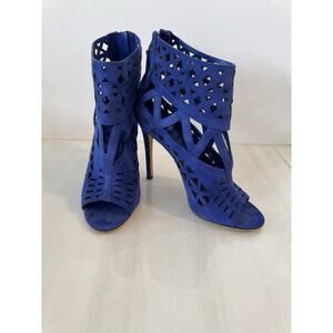 Brian Atwood Blue Suede Cut-Out Strappy Zip Heel Open Toe Women's Shoes